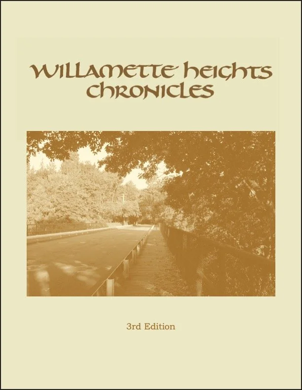 Book cover titled "Willamette Heights Chronicles, 3rd Edition" with a sepia-toned photo of a road lined with trees.