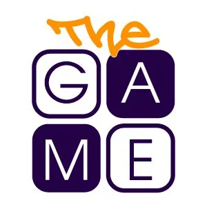 Logo with the words 'The Game' arranged in a grid, with 'The' in orange handwritten above the letters G, A, M, E inside squares.
