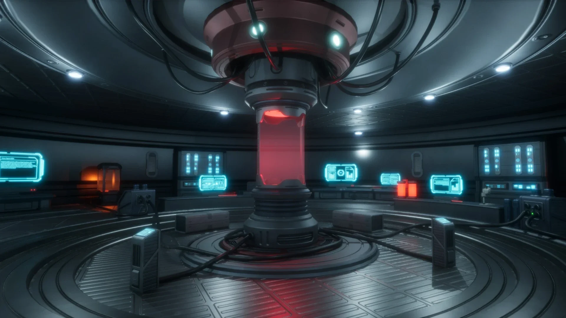 A futuristic laboratory with a central circular chamber emitting red light and connected to computers and monitors displaying data.