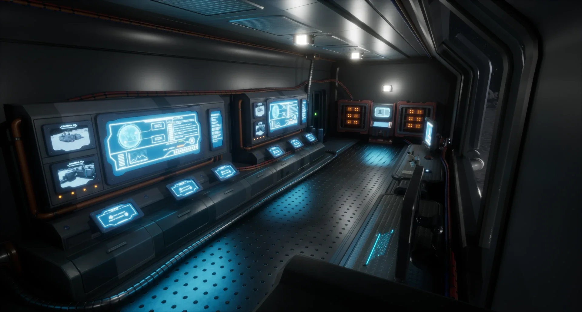 Interior of a spaceship with multiple digital screens displaying technical data and controls in a futuristic style.