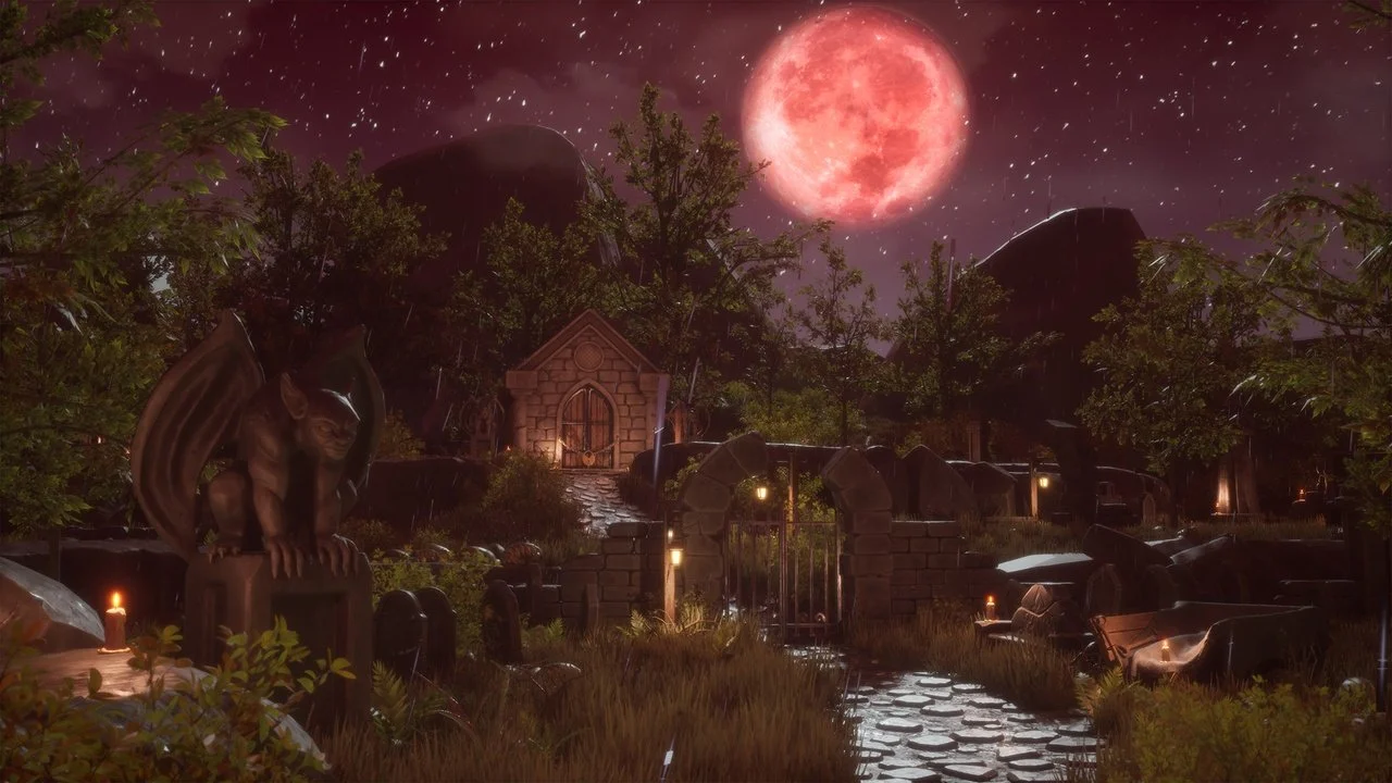 A fantasy graveyard scene at night with a large red moon, stars, and mountains in the background. The scene includes a stone statue of a gargoyle, lit candles, trees, and a stone pathway leading to a small building with a door.