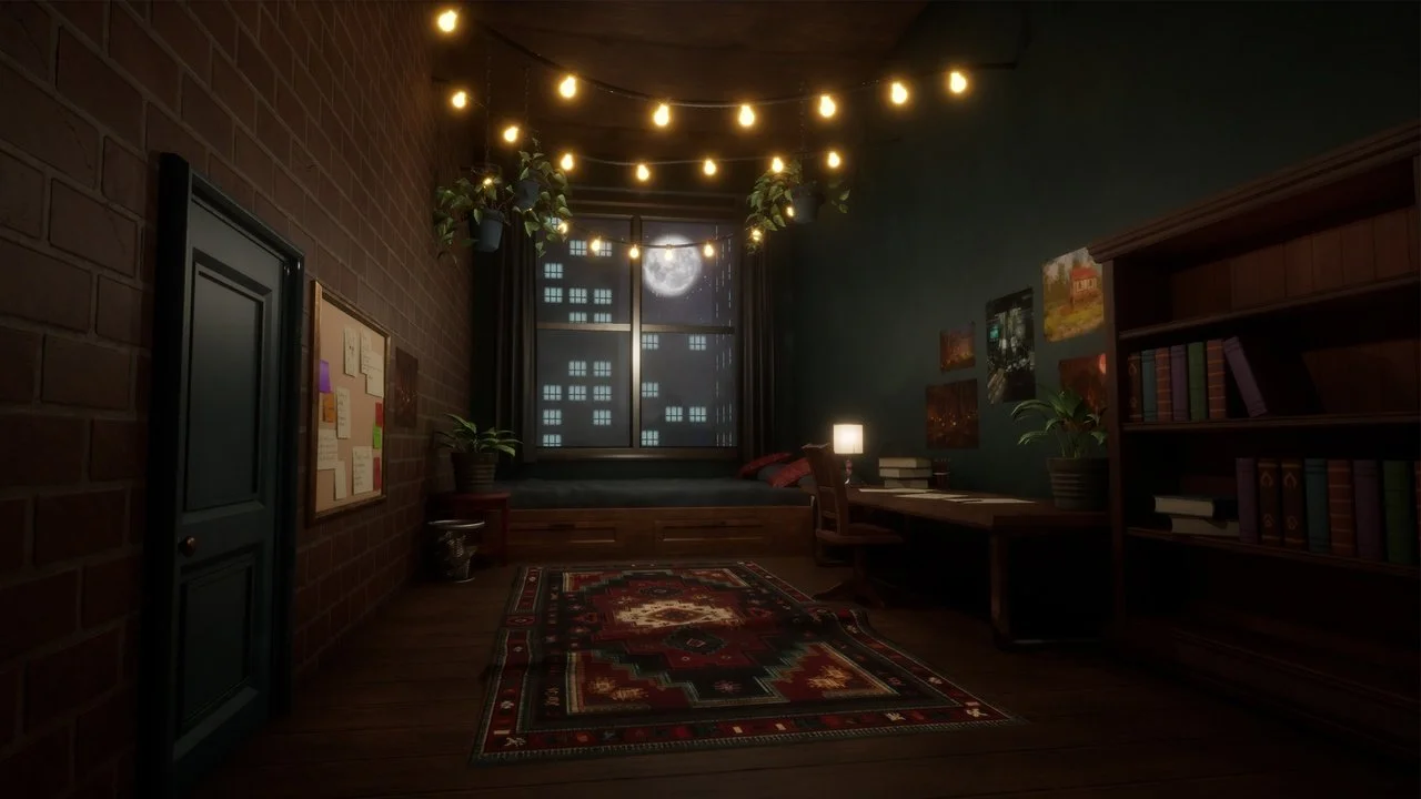 Cozy bedroom with brick wall on the left, a window with a full moon and city lights visible outside, decorated with string lights and hanging plants, a dark green wall with artwork, a wooden desk with books and a glowing lamp, a patterned rug on the wooden floor, and a window seat with cushions.