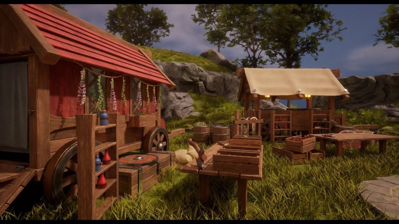 A medieval-style outdoor scene with wooden carts, barrels, and crates on grassy terrain, with a rocky hill and trees in the background under a cloudy sky.