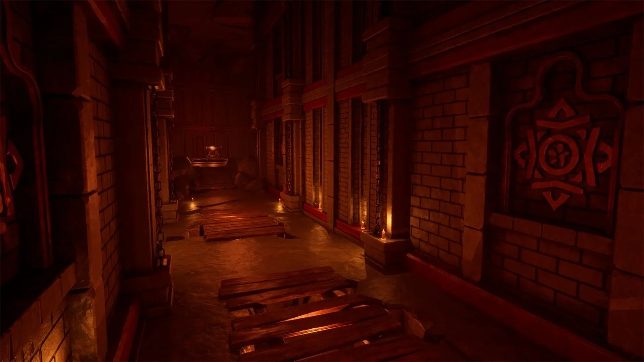 Dimly lit underground chamber with brick walls, wooden walkways, and decorative symbols on the walls, illuminated by small candle lights.