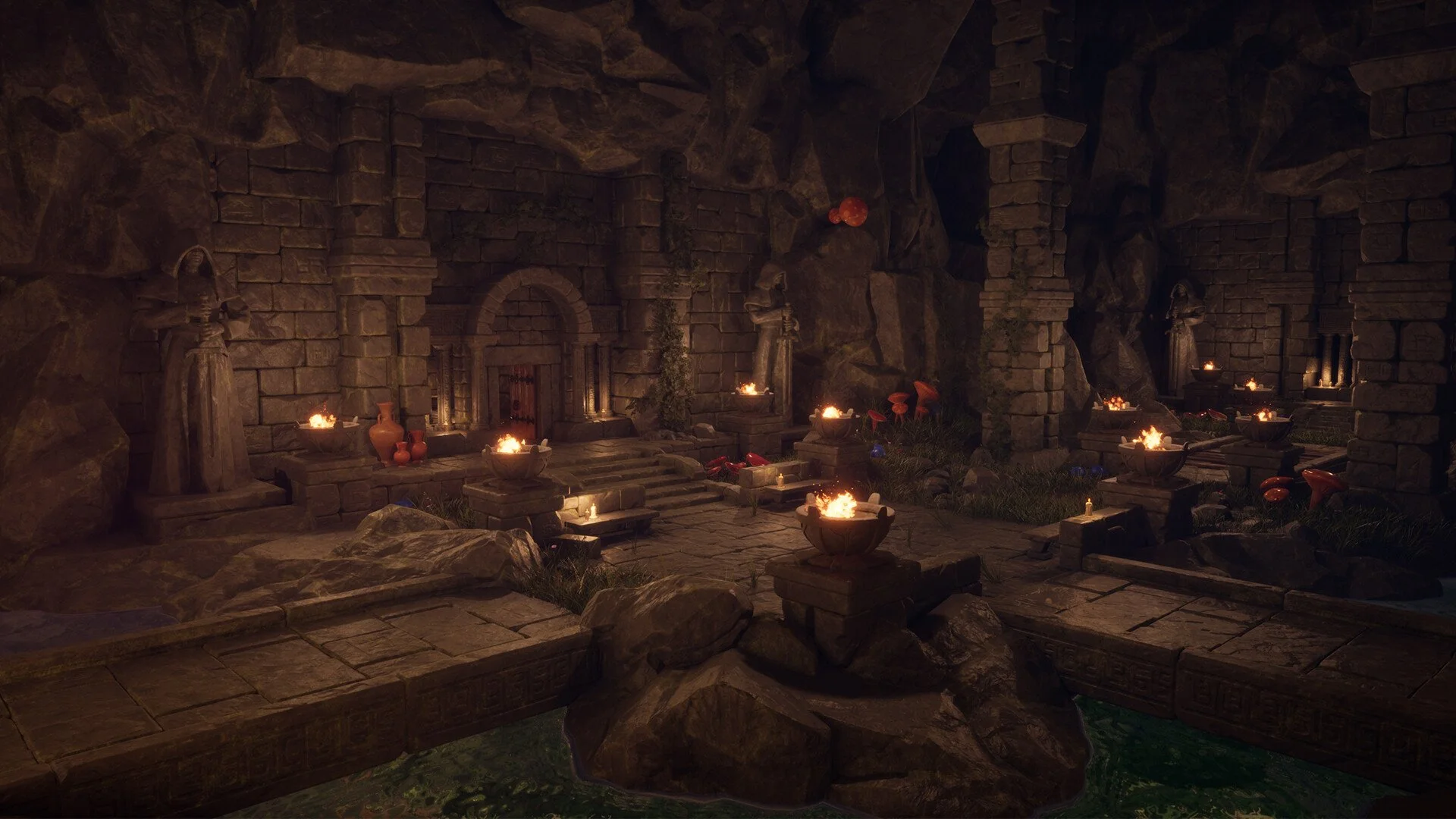 Ancient stone chamber with flame-lit braziers, statues, and large mushrooms growing among rocks and ruins.