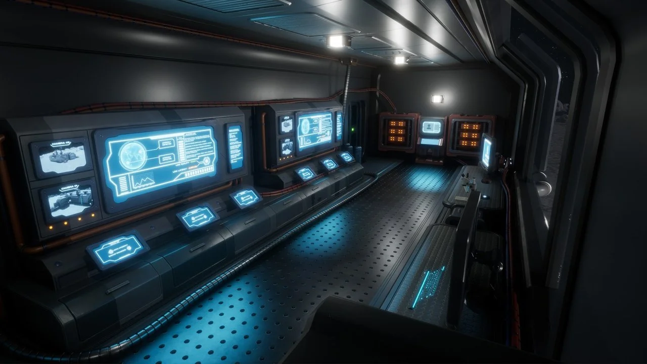 Futuristic spaceship control room with multiple digital displays and control panels illuminated in blue and orange light.