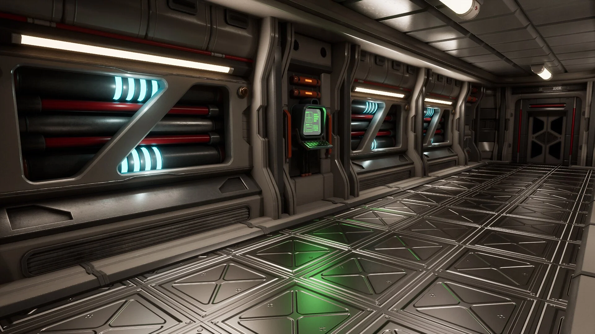 Futuristic spaceship corridor with metallic floor and walls, with illuminated control panel and piping.
