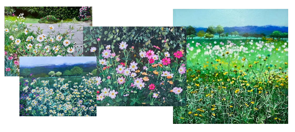 Collage of five paintings depicting various landscapes and wildflower fields with colorful blooming flowers and green foliage.