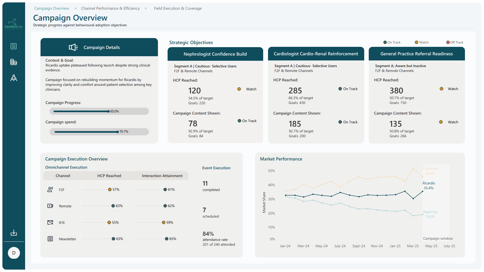 Campaign overview dashboard: progress against strategic objectives, HCP reach by segment, channel execution and market share trends.