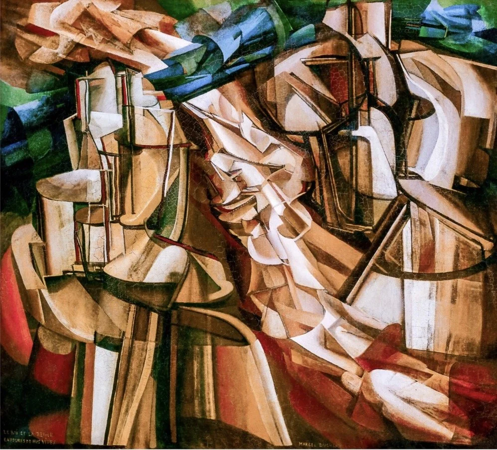 Abstract art composition with curved lines, geometric shapes, and a palette of earthy tones, including browns, reds, greens, and blues.