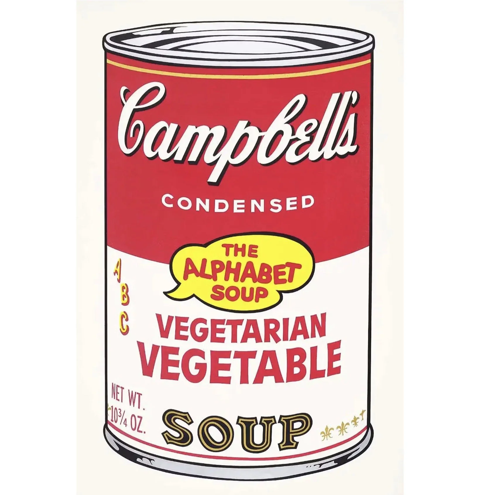 A can of Campbell's Condensed Vegetarian Vegetable Soup featuring the iconic red and white design, with a yellow speech bubble that reads 'The Alphabet Soup'.