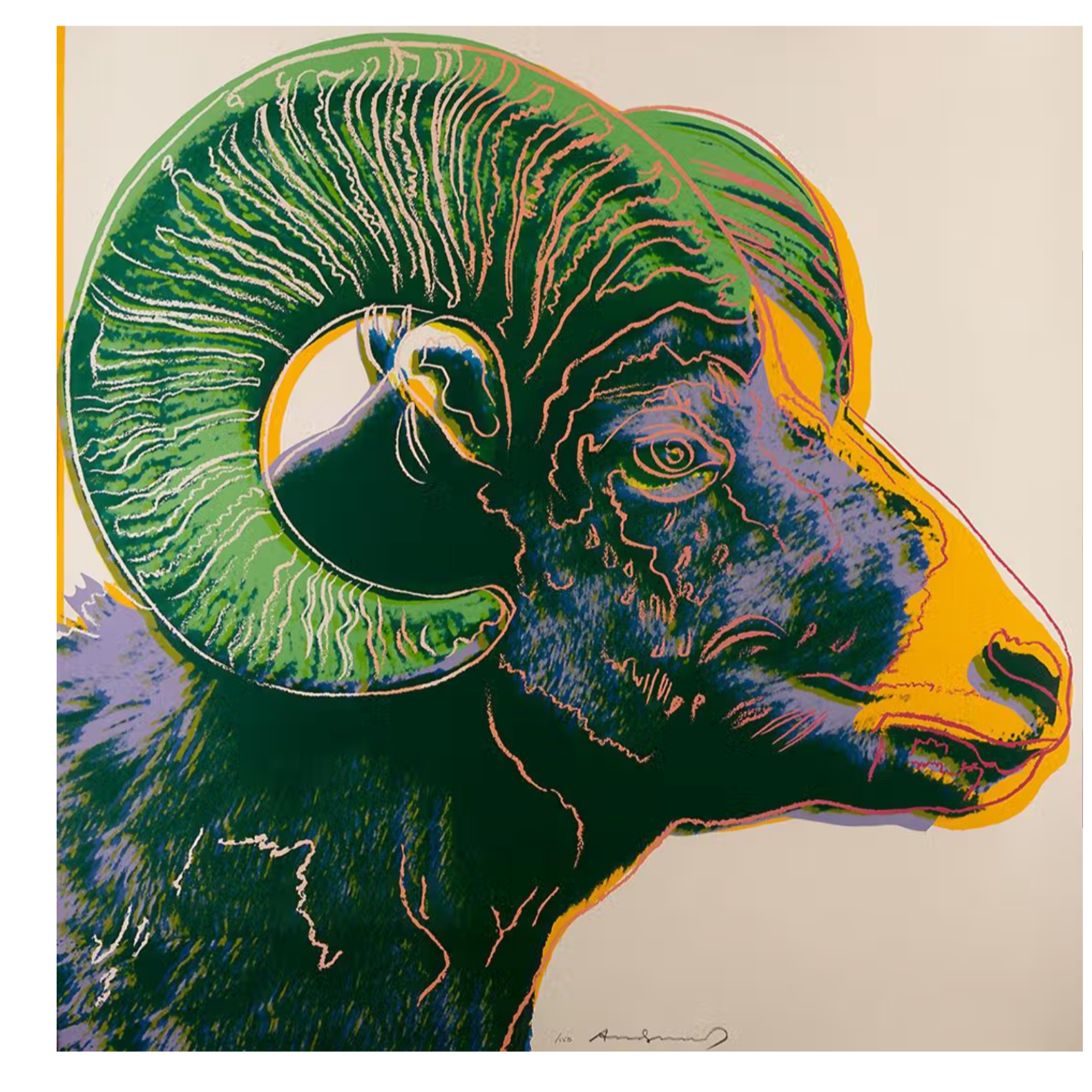 Colorful digital illustration of a mountain goat with large curved horns, depicted in profile against a neutral background.
