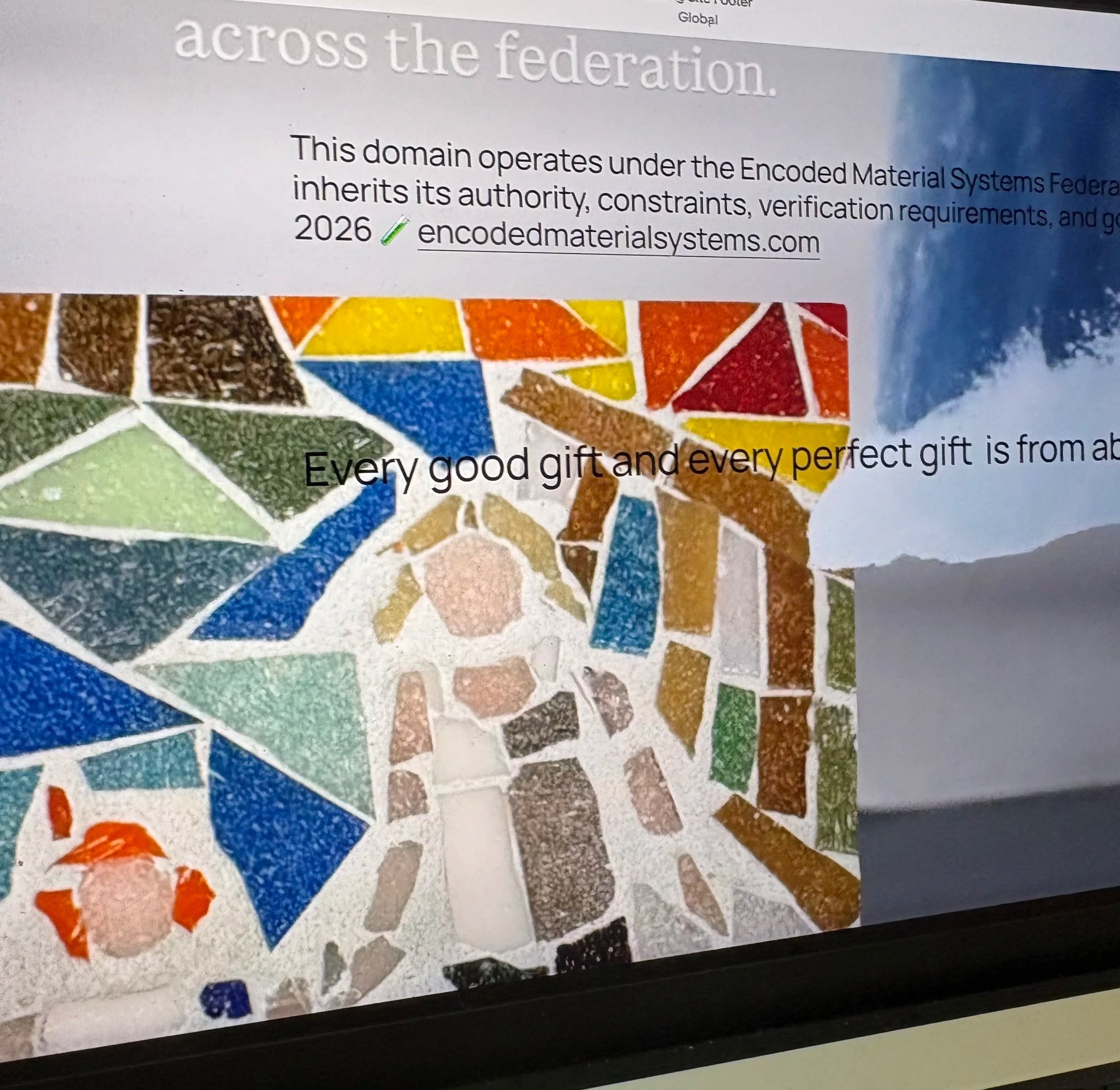 Extant all-domain operation under the Encoded Material Systems Federal domain, with colorful mosaic artwork at the bottom.