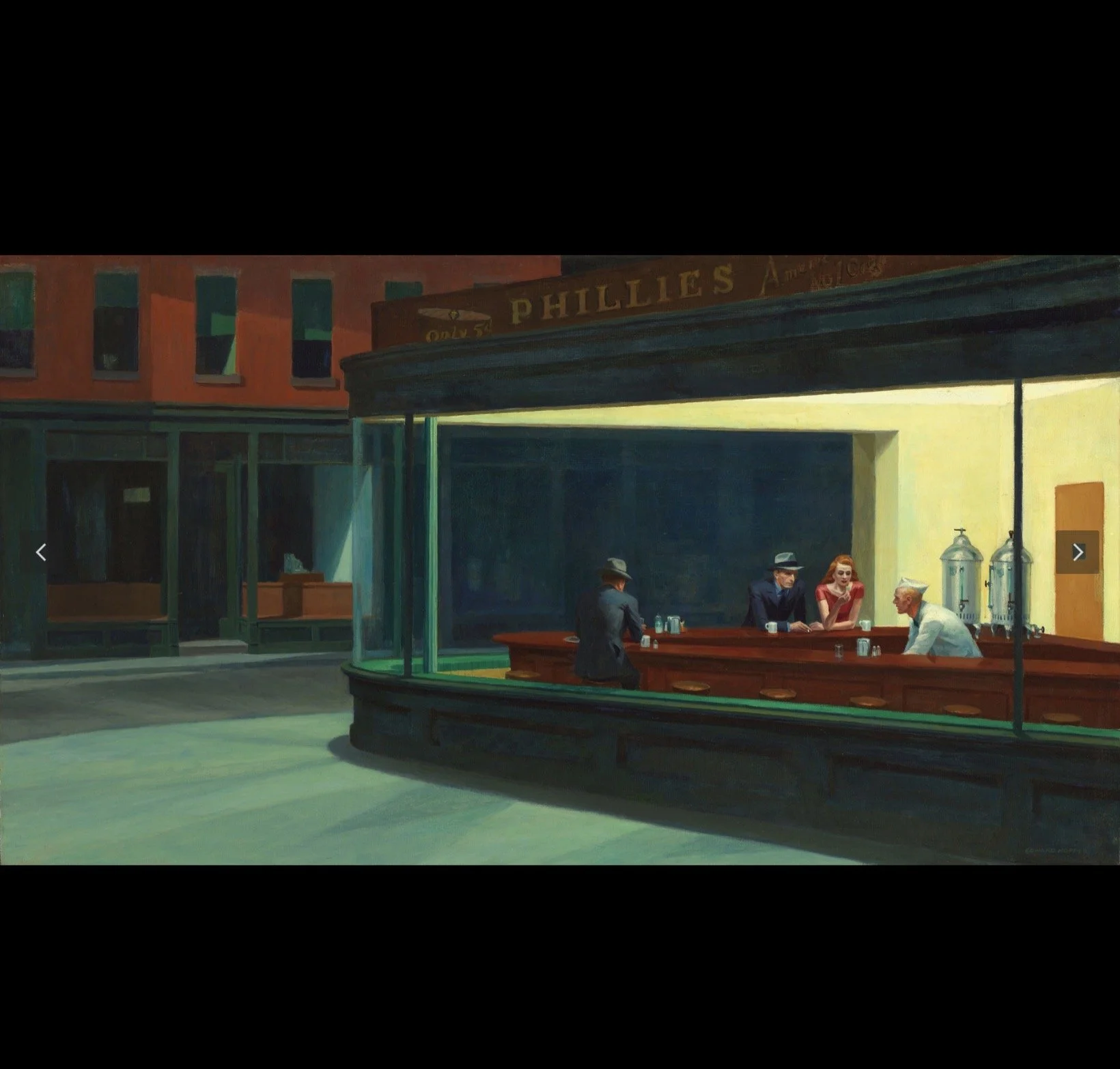 A painting of a nighttime city scene with an illuminated bar named 'Phillies' on the corner, featuring four people inside: three sitting at the bar and one bartender. The street appears empty with a dark background.