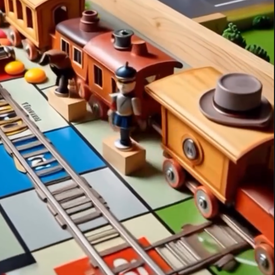 Toy train set with wooden and plastic train cars, miniature figures of children, and colorful game board.