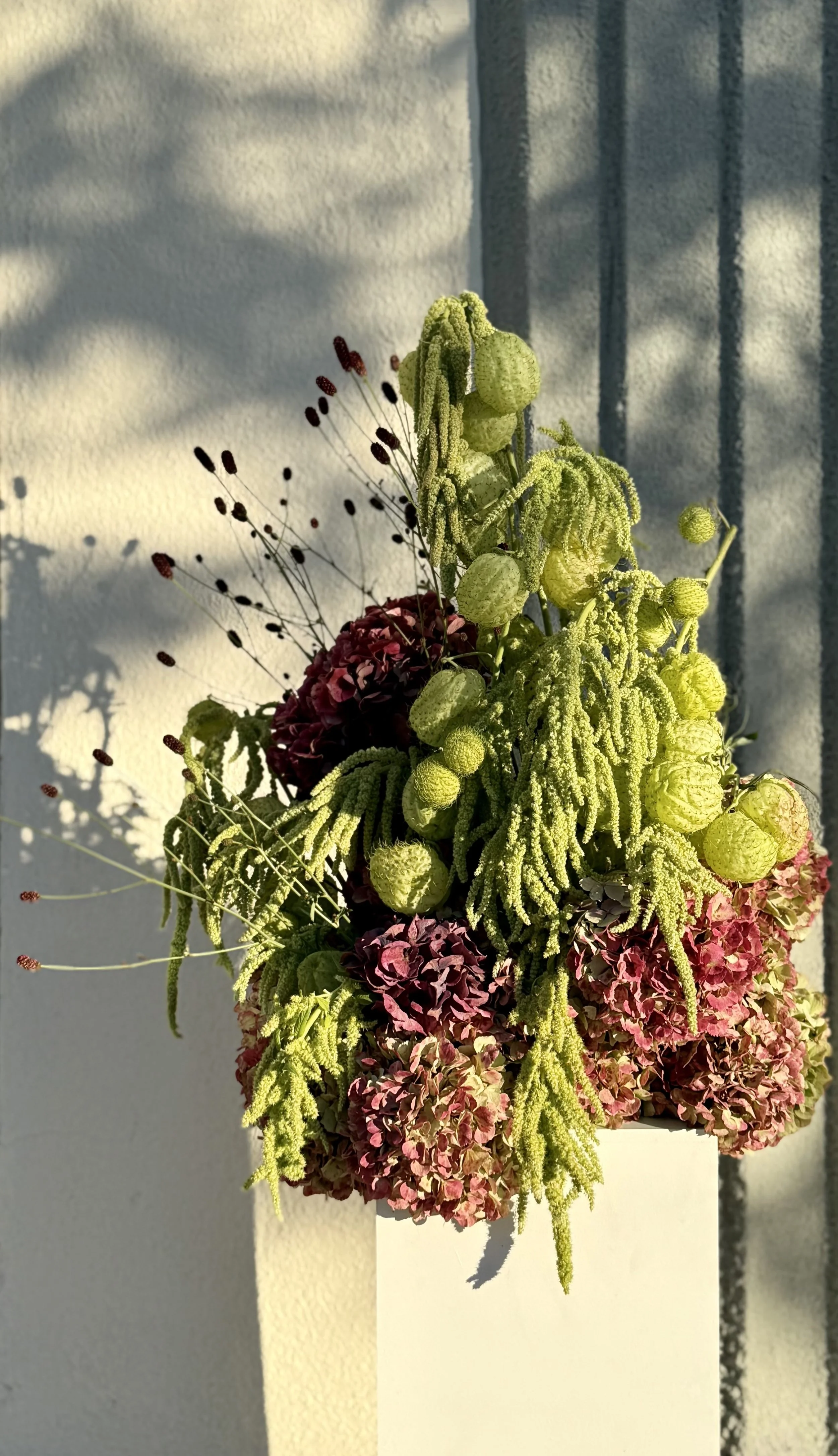 Modern floral arrangement with hydrangea and hanging amaranth, composed with a sculptural, intentional approach as floral artistry.