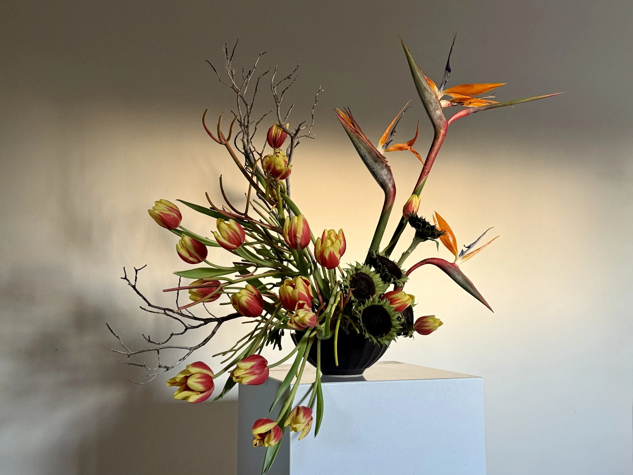Modern floral arrangement with tulips, bird of paradise, dried branches, and sunflowers in a black vase, styled as floral artistry.