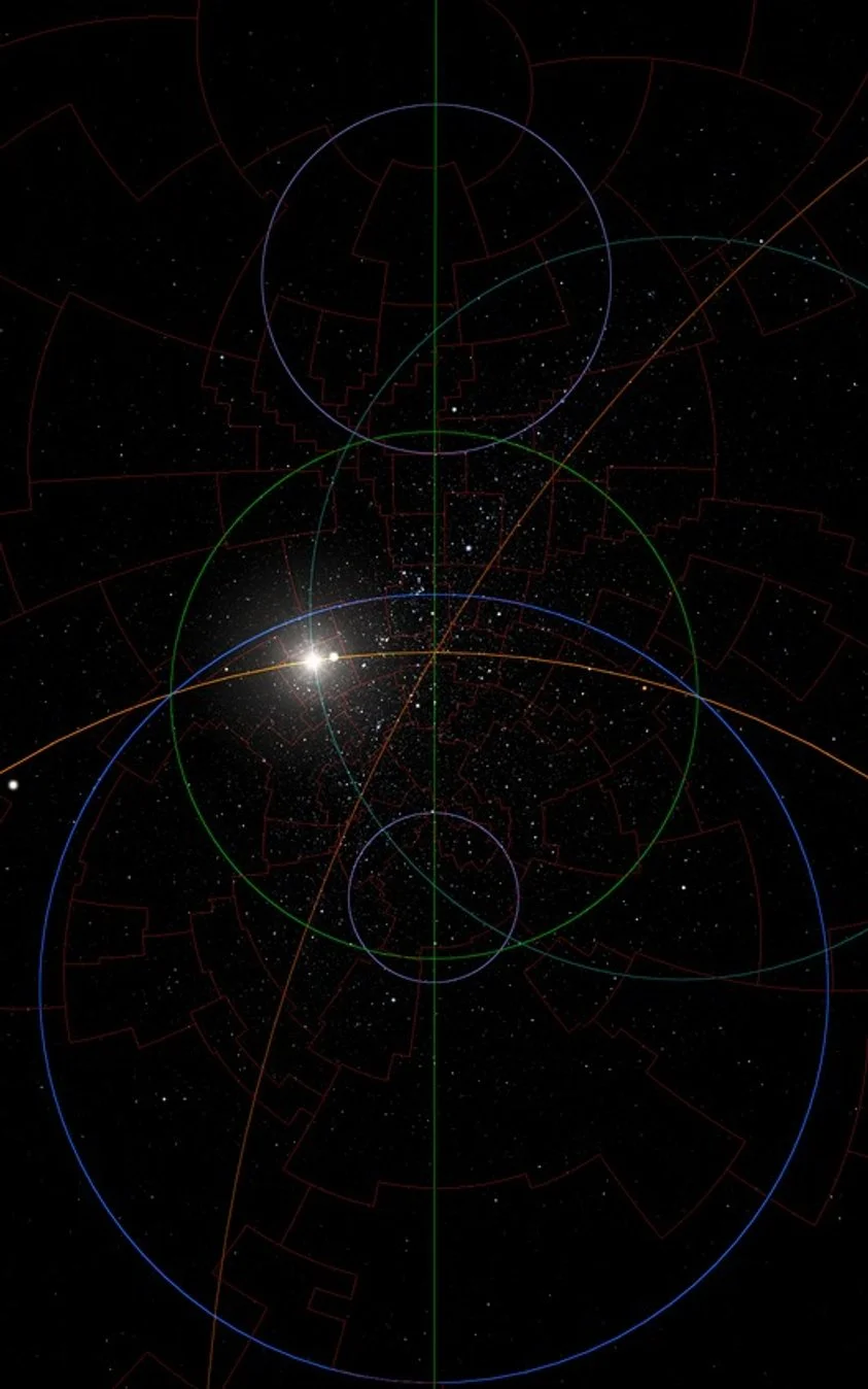 Star chart showing constellations and celestial circles with a bright star near the bottom left.