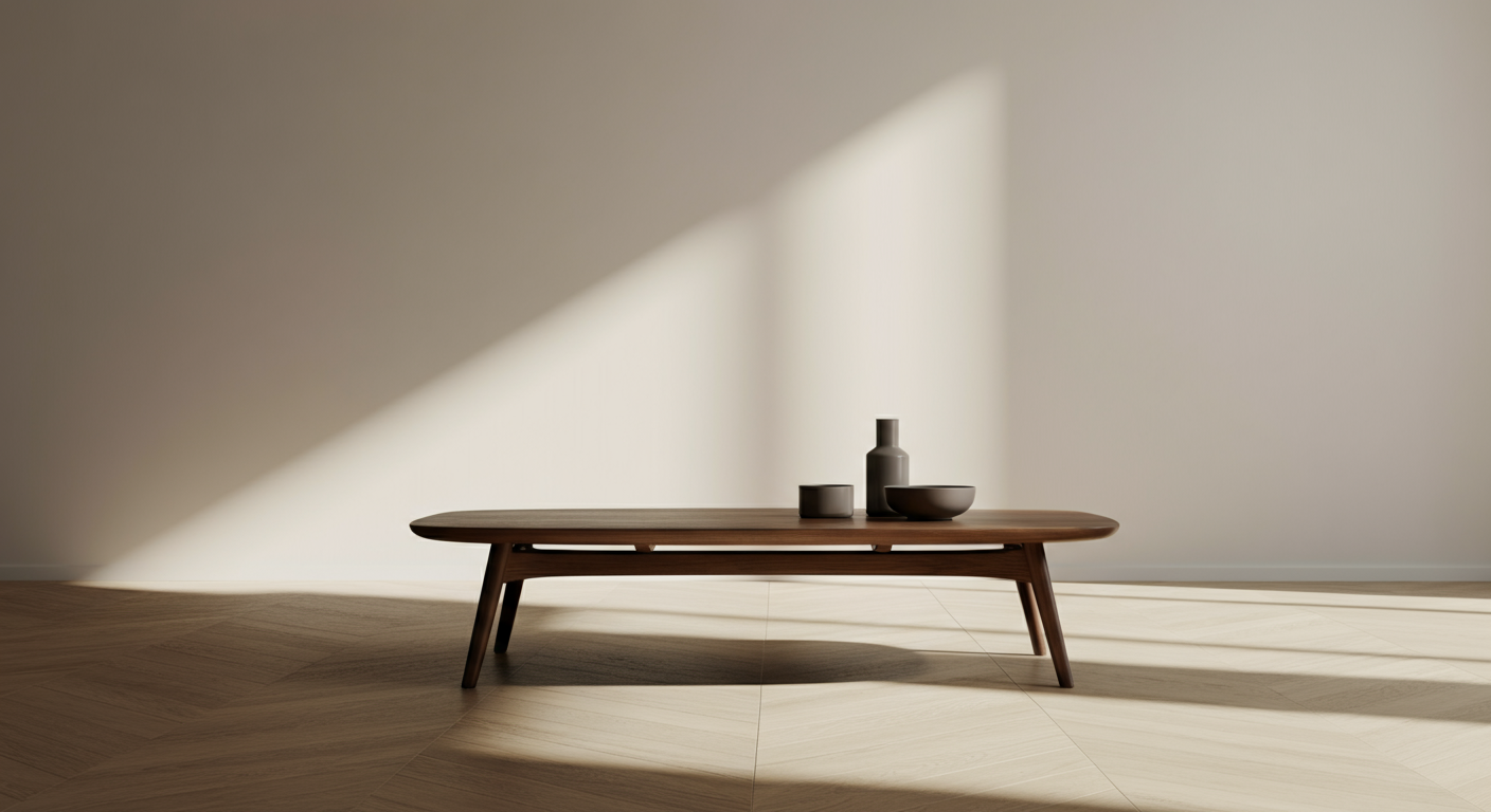 Minimalist wooden table with decorative vases and bowls, placed against a plain light wall with soft shadows.