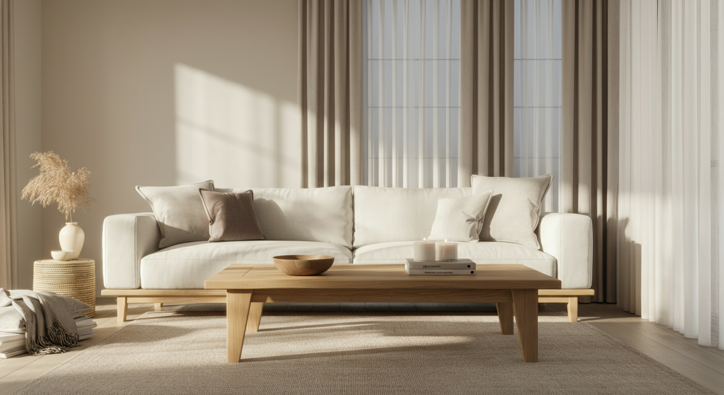 A modern living room with a white sofa, beige pillows, a wooden coffee table with a bowl and candles, a rug, and large windows with curtains letting in sunlight.