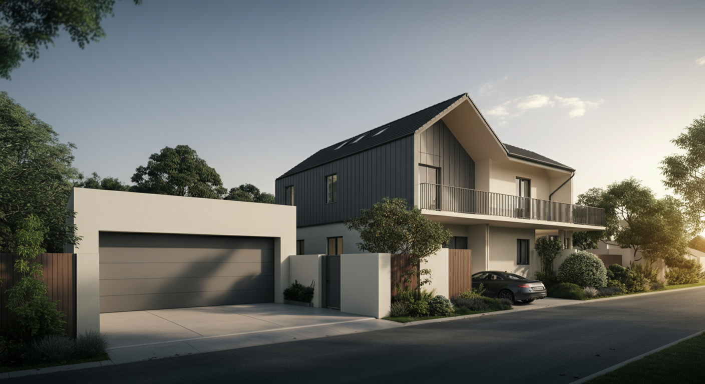 Modern two-story house with a garage, balcony, and landscaped yard, at sunset.