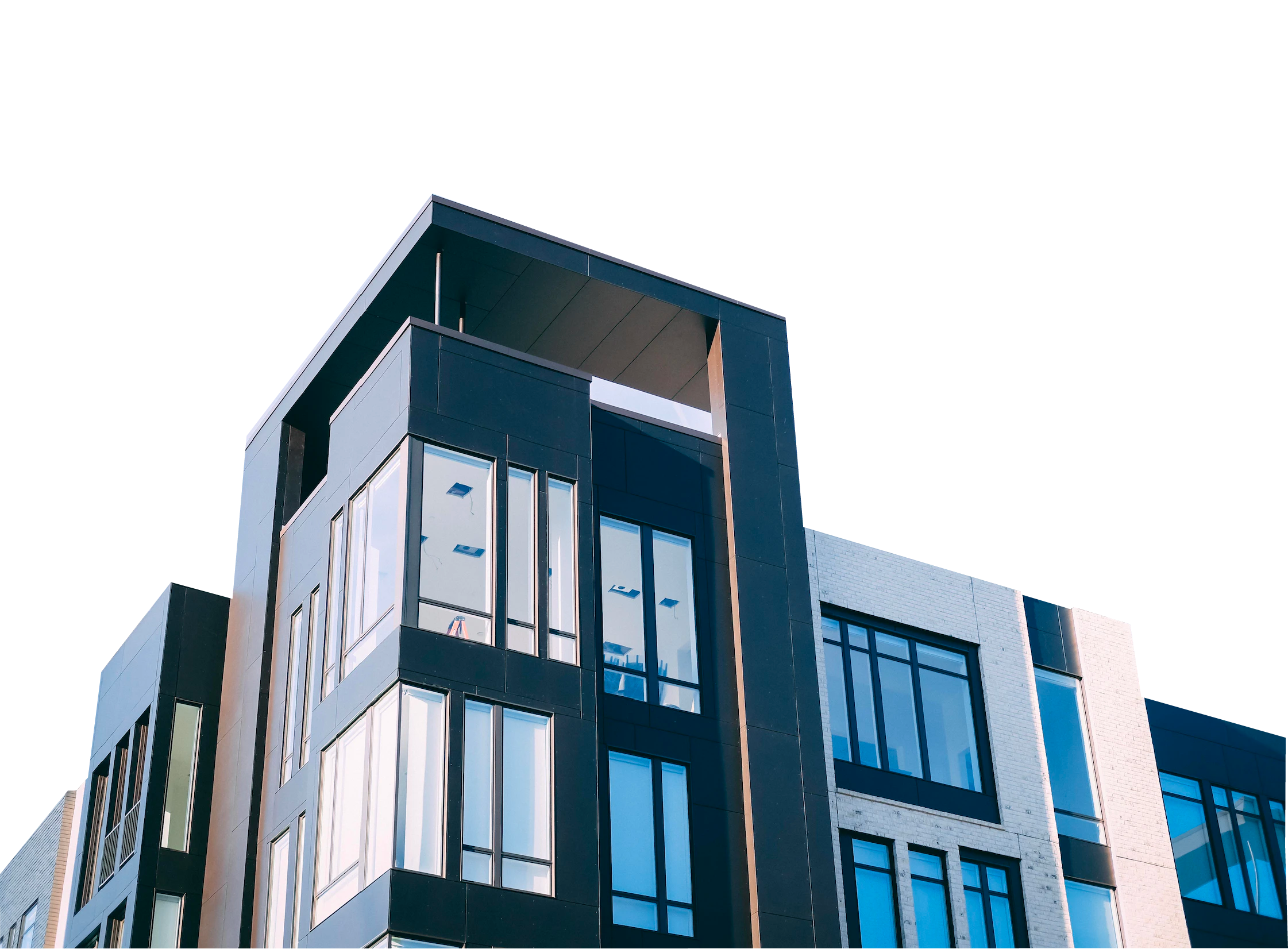 Modern multi-story residential building with large windows and a flat roof, overlayed with a semi-transparent black-and-white circular logo or graphic design.