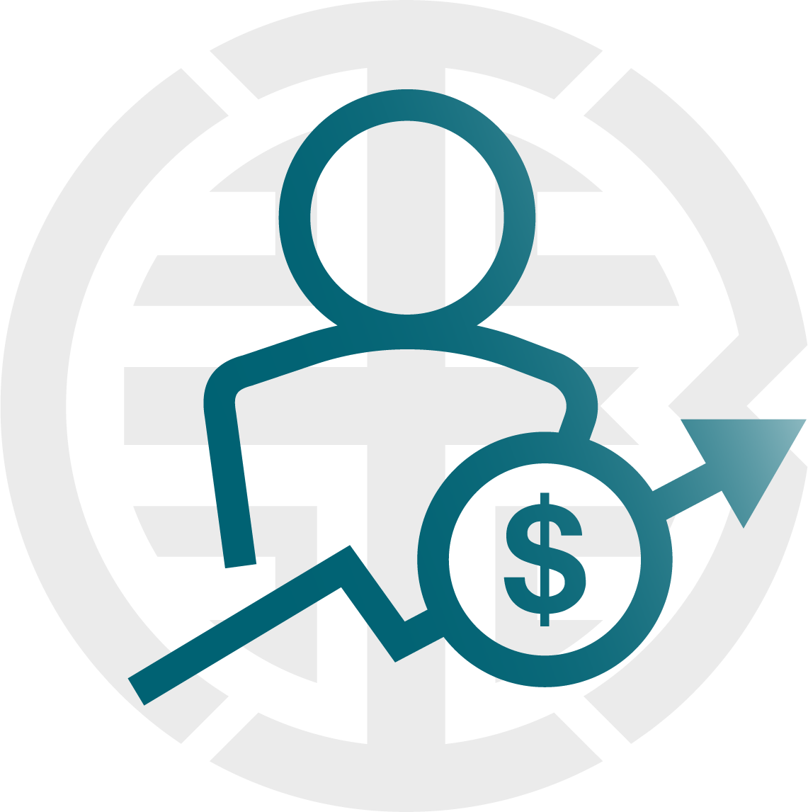 A stylized icon representing healthcare finance, with a human figure, a dollar sign, a growth arrow, and a circular background with a global or medical theme.