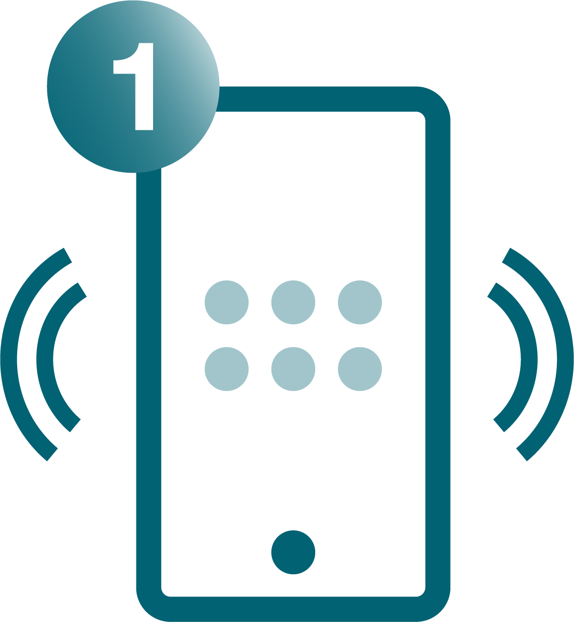 A smartphone with a notification badge showing the number 1, and curved lines indicating sound or vibration.