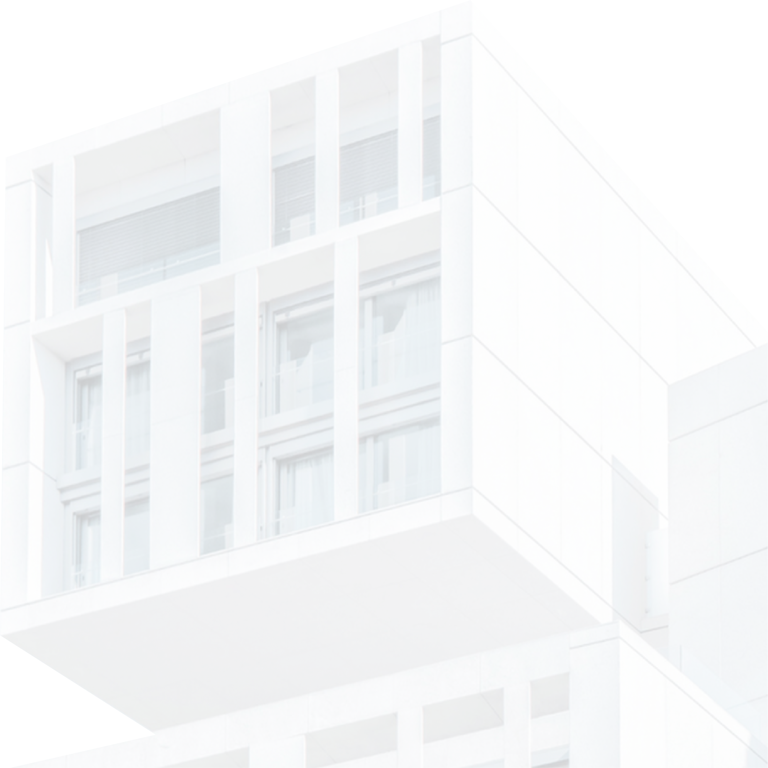 Close-up view of a modern white apartment building with large glass windows and balconies, against a dark background.