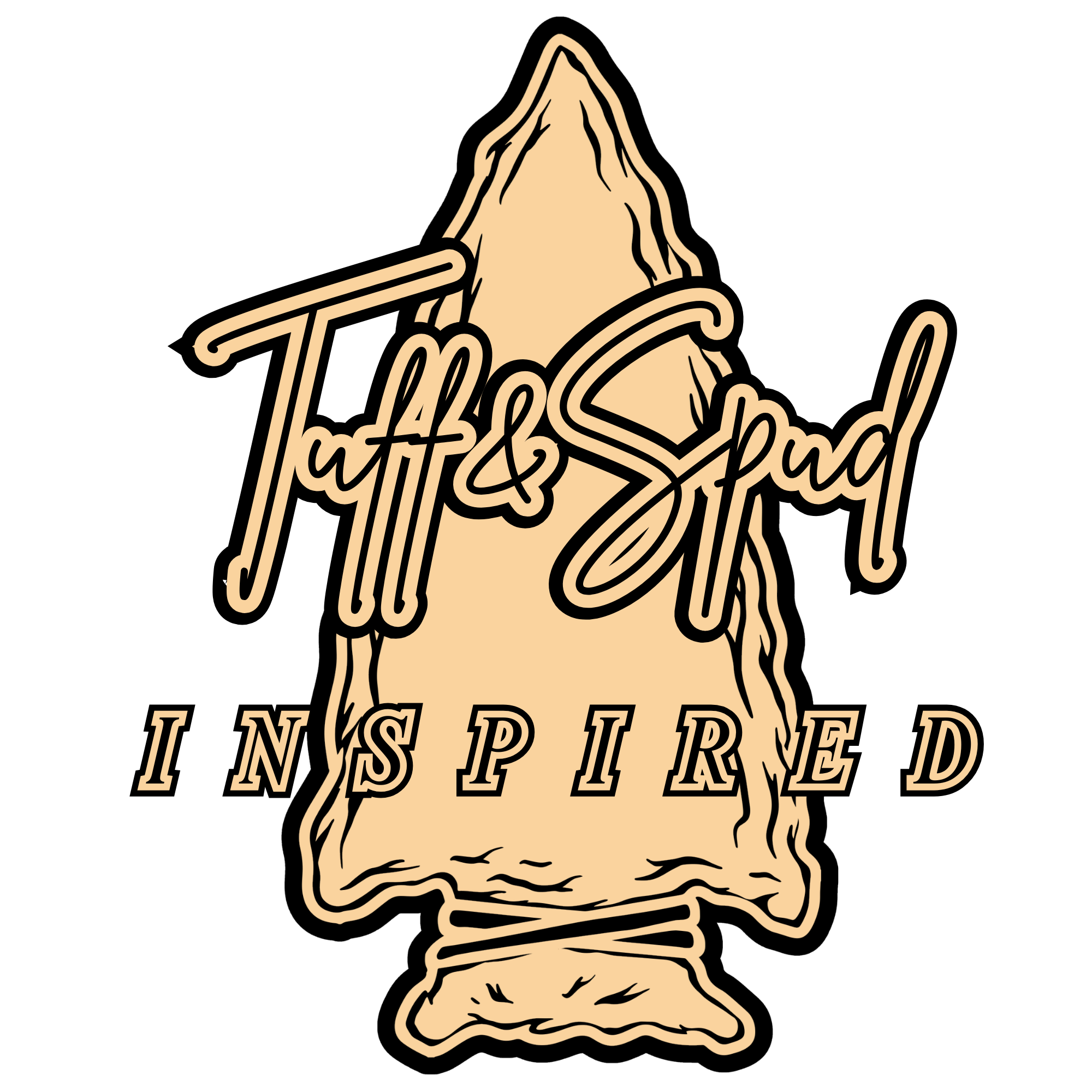 A graphic design featuring a beige arrowhead shape with the words 'Tuff & Spud' written in cursive and 'INSPIRED' in capital letters across it on a black background.