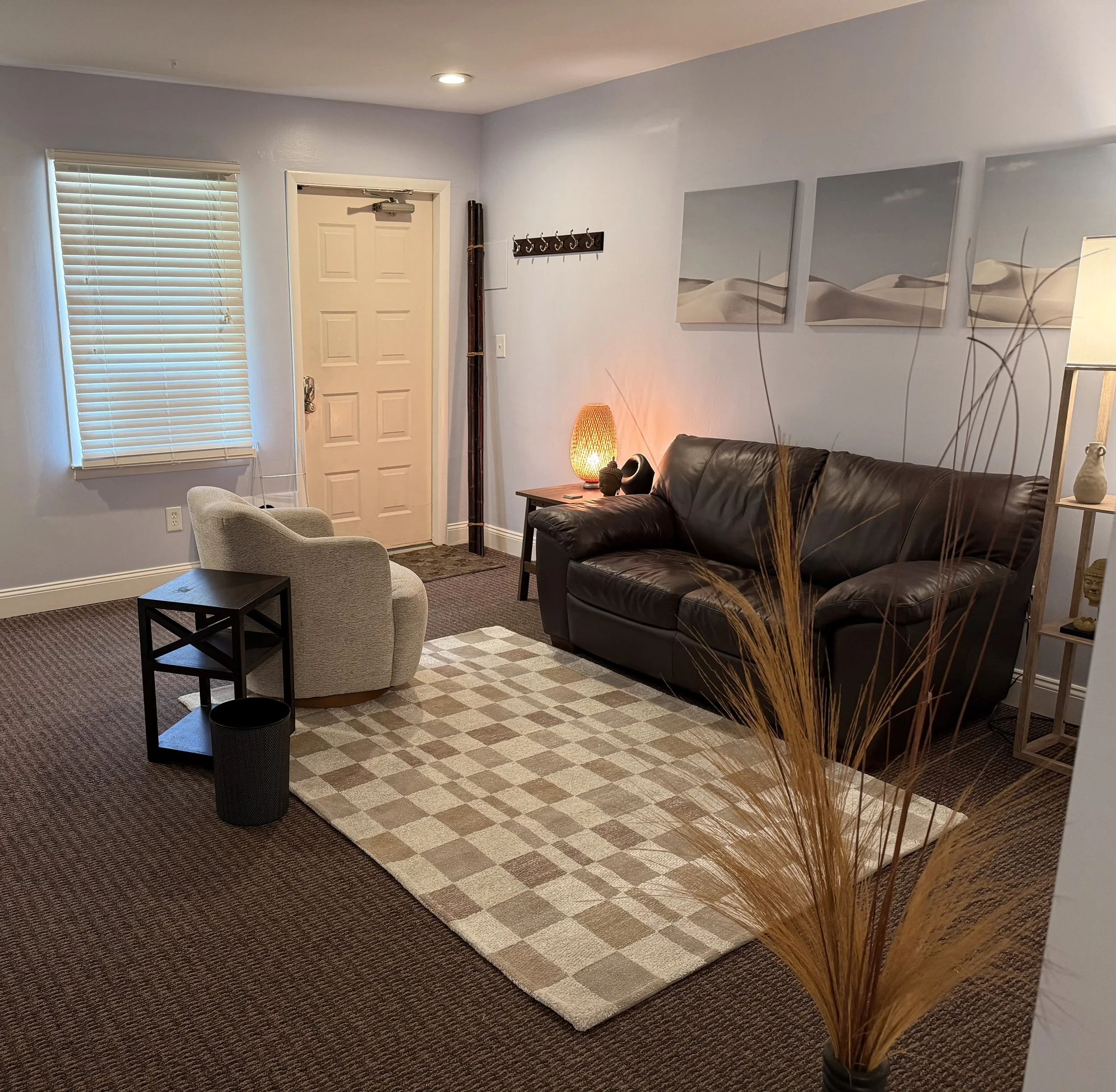 Living room with a window with closed blinds, a door, a coat rack with hooks, a small table with a lamp, and a couch near a patterned rug.