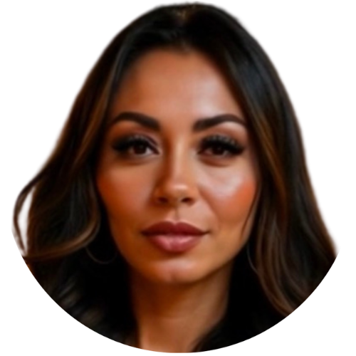 Close-up of a woman with long dark hair, make-up, and a confident expression.