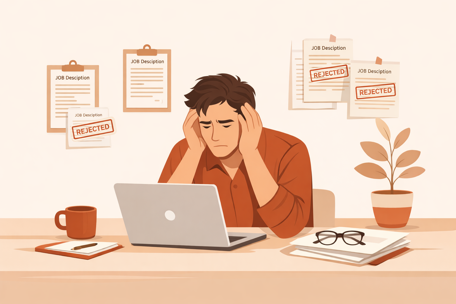 Frustrated job seeker at laptop with rejected job applications