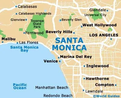 Map of Los Angeles area showing neighborhoods like Santa Monica, Beverly Hills, West Hollywood, and nearby beaches including Venice and Manhattan Beach, with parks such as Topanga State Park and Fernwood.