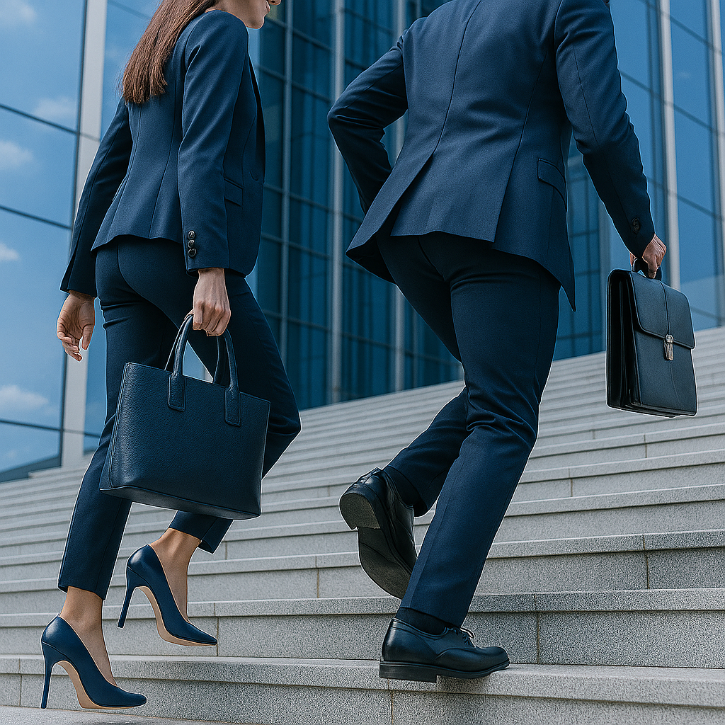 Man and woman in professional navy blue attire Ing up the steps to a business