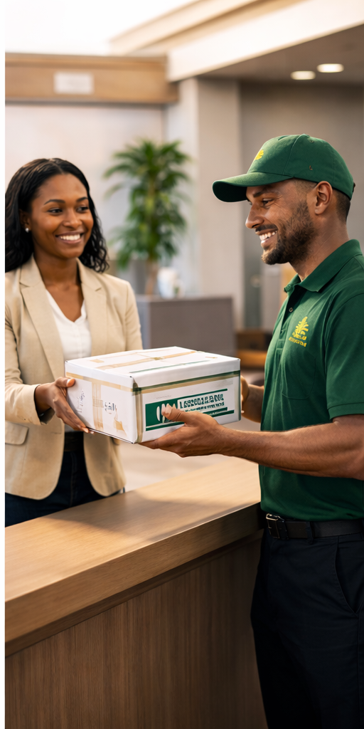A delivery person in a green uniform and cap hands a white box with a green logo to a smiling woman at a reception desk in an indoor setting with a plant in the background.
