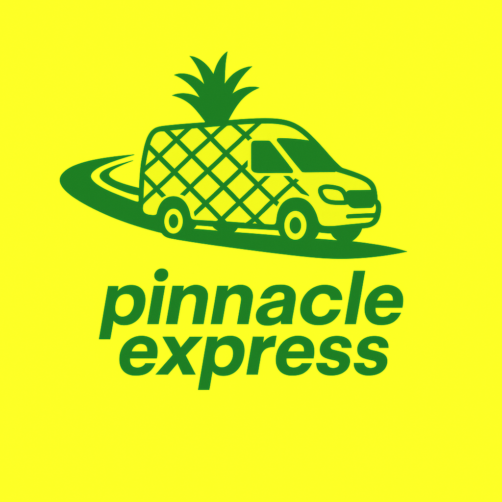 A yellow background with a green illustration of a van designed to look like a pineapple, with the words "pinnacle express" in green text underneath.