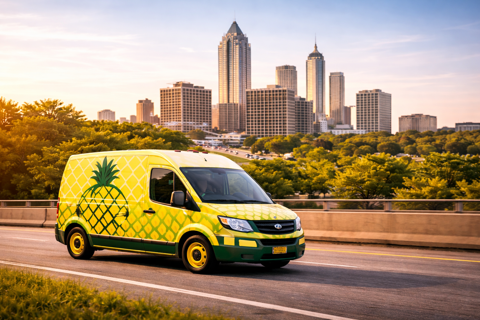 A yellow delivery van with a pineapple design drives on a highway with a city skyline in the background during sunset.