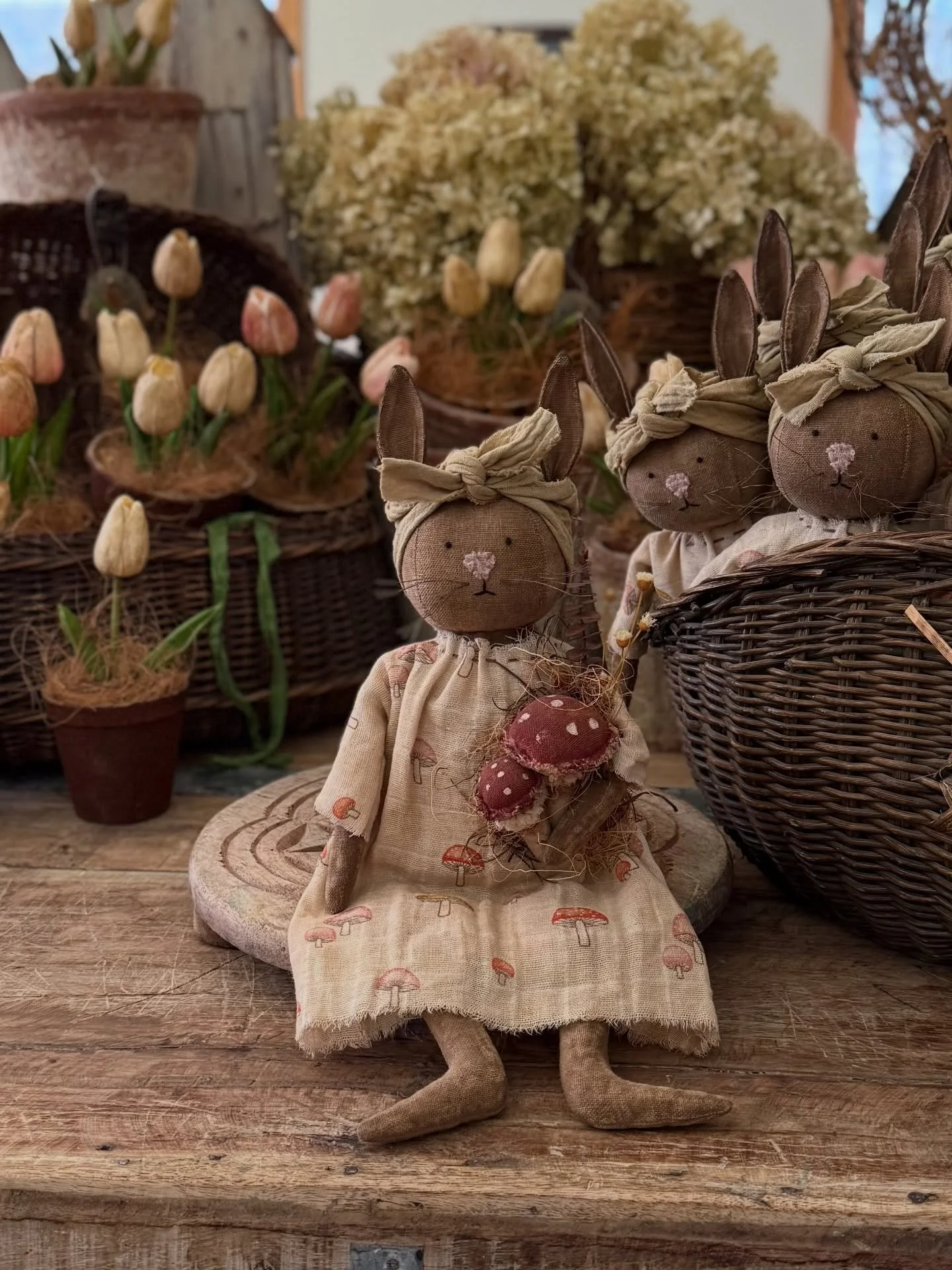 Bringing you some summertime goodness with two NEW bunnies and some primitive veggies 🍓🍄🥬🫜 Coming to my website restock on April 18 at noon EST ~ www.primitivepigfolkart.com

Muriel holds some prized mushrooms she&rsquo;s gathered from the forest