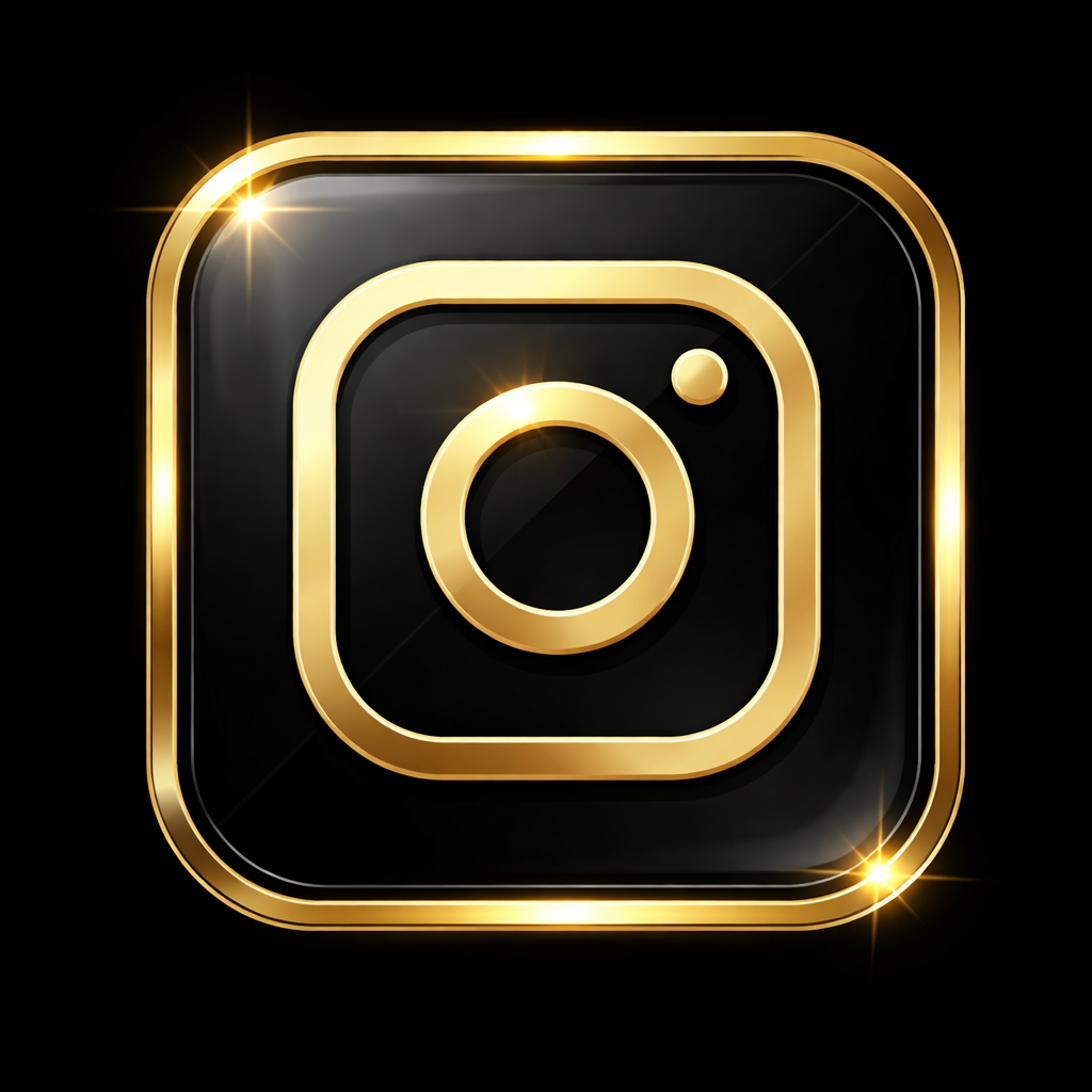 Instagram logo in gold and black with shiny, metallic accents and sparkle effects.