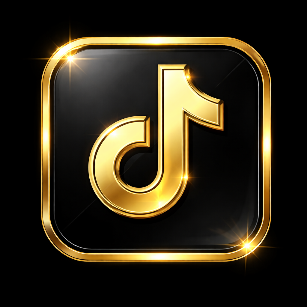 A shiny, gold TikTok logo on a black background with sparkles and glowing effects.