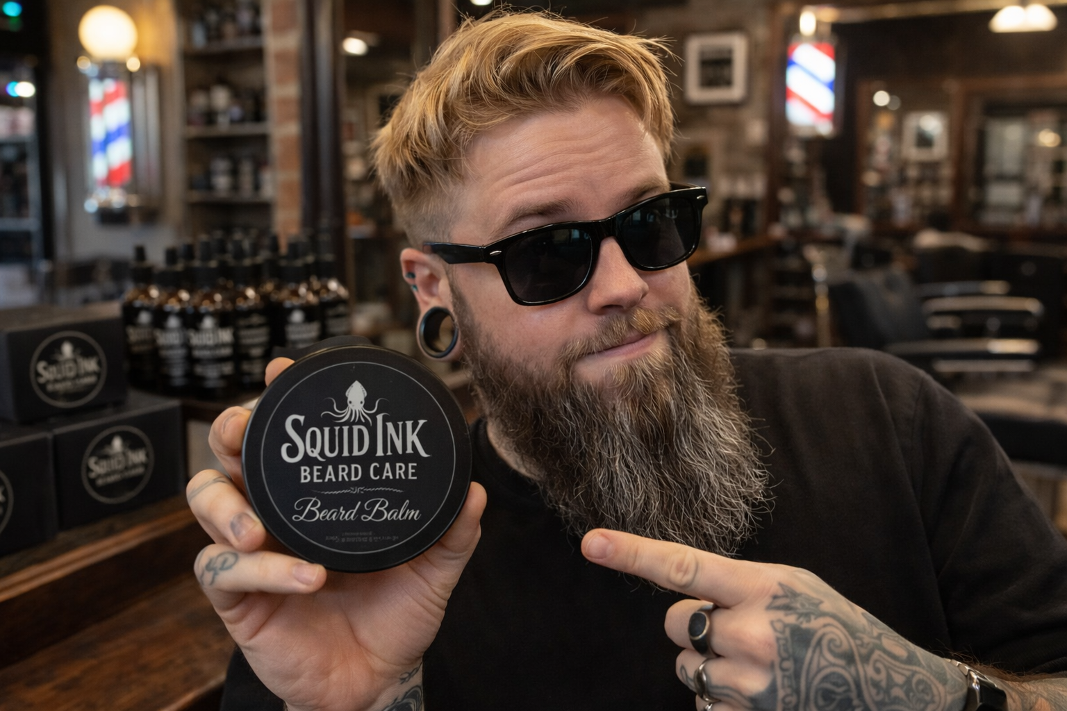 A man with a beard and tattoos wearing sunglasses and pointing at a container of Squid Ink Beard Care Beard Balm inside barbershop.