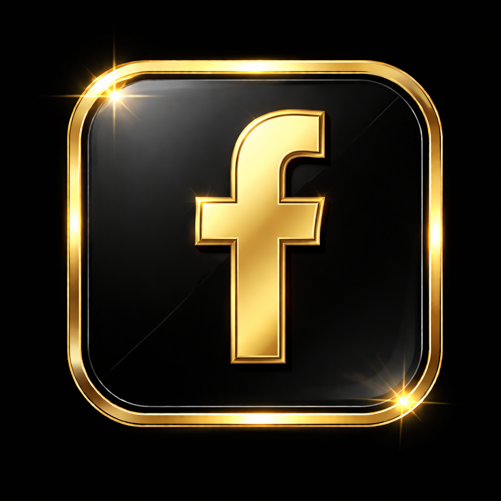 A black square icon with rounded corners, featuring a gold Facebook logo in the center, surrounded by a gold border with sparkling effects.