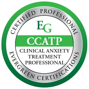 Circular badge with green and silver border stating 'Certified Professional' at the top and 'Evergreen Certifications' at the bottom. The inner circle has 'EG' at the top, 'CCATP' in the middle, and 'Clinical Anxiety Treatment Professional' at the bottom.