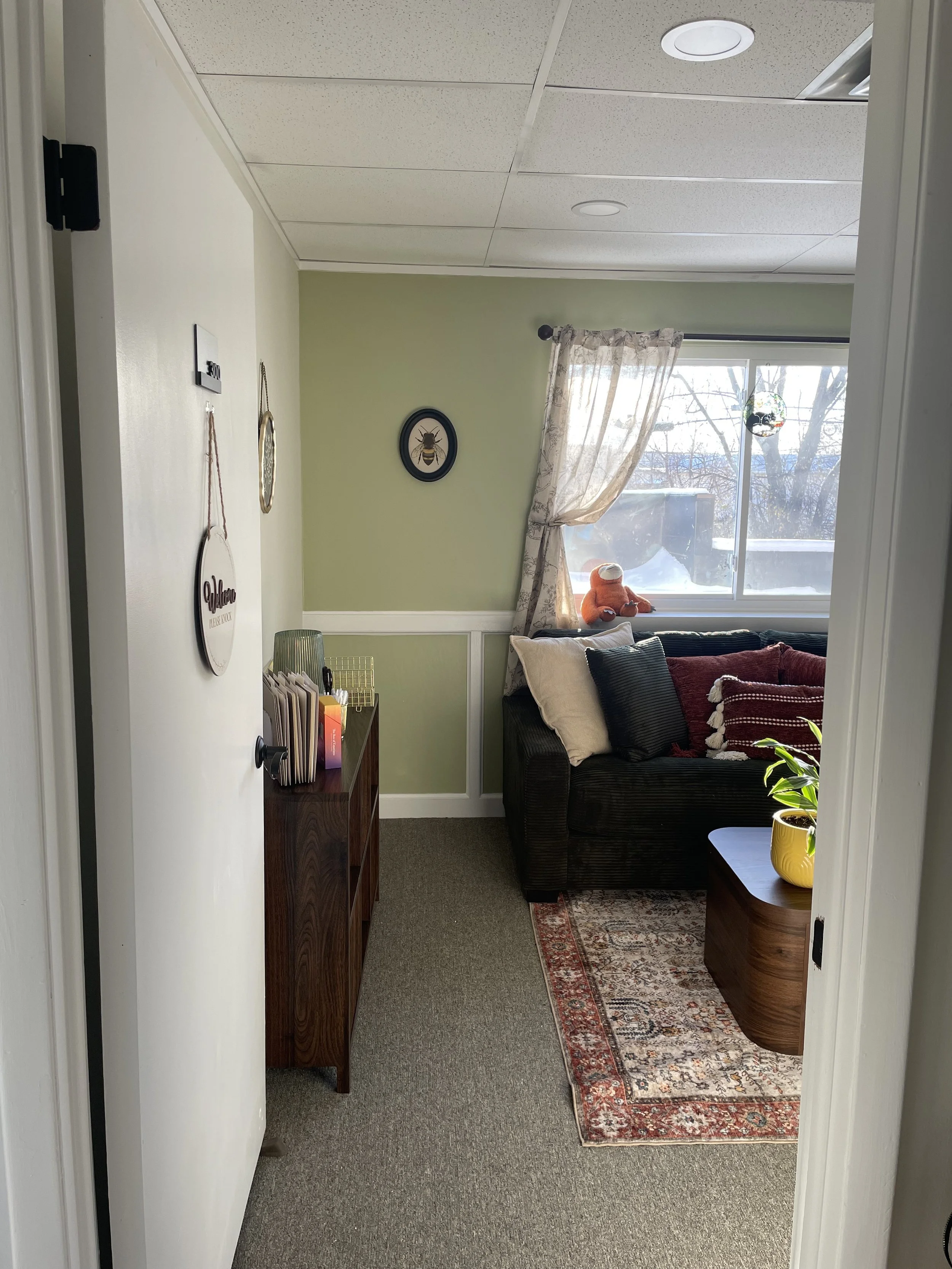 A cozy living room with green and white walls, a window with sheer curtains, and a black sofa decorated with pillows and a teddy bear. There is a wooden side table with a yellow pot holding a green plant and a patterned rug on the floor.