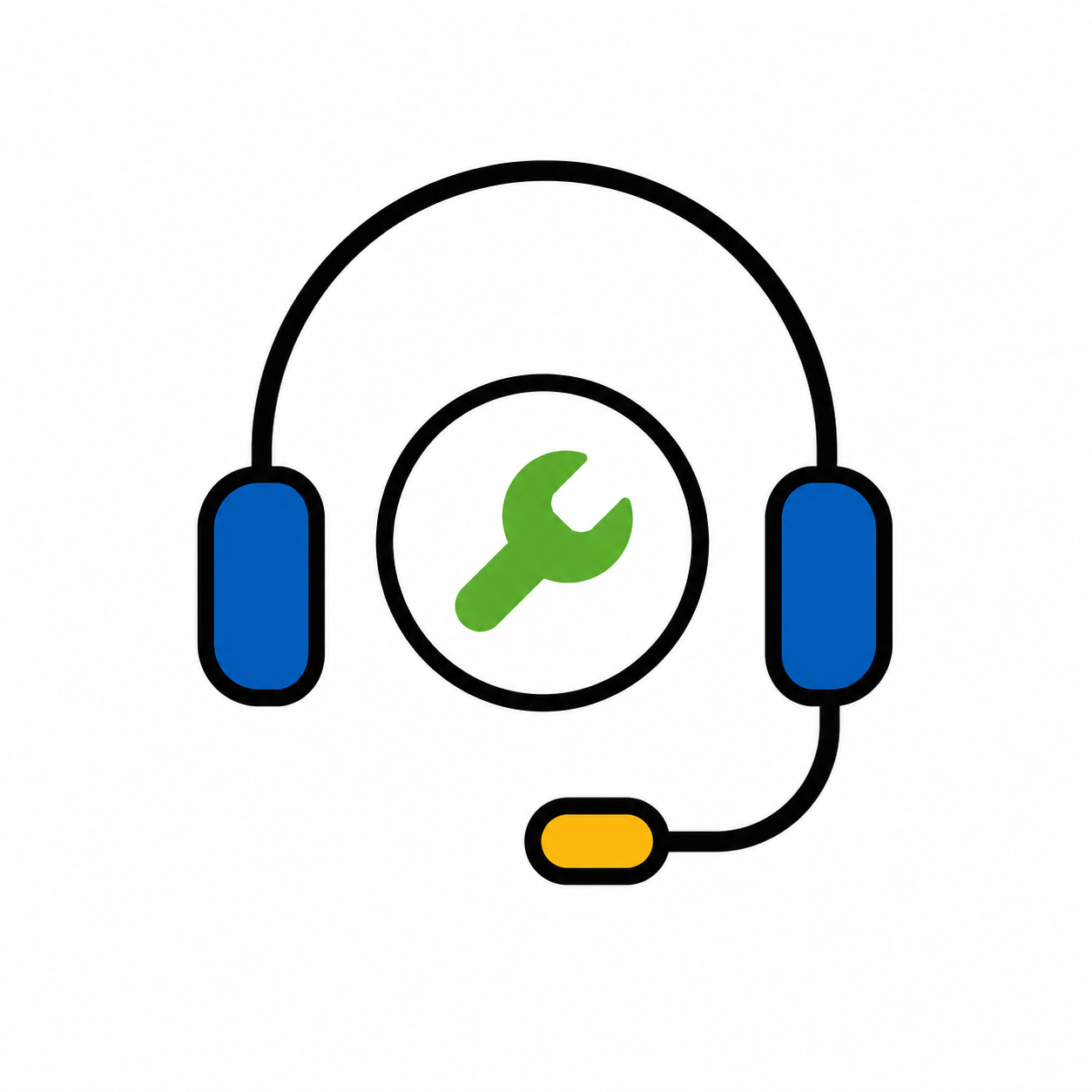 Icon for Voice, Contact Center, and Conversational Agents: a headset with blue ear pads, a yellow microphone, and a green wrench representing repair and support behavior.