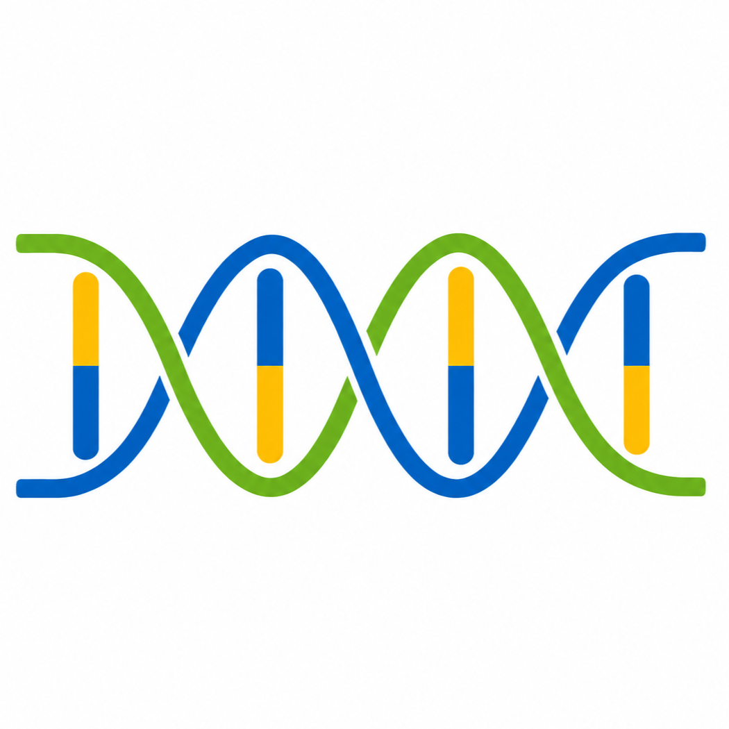 Stylized multicolored DNA strand representing human and machine thought developing together through structured interaction.