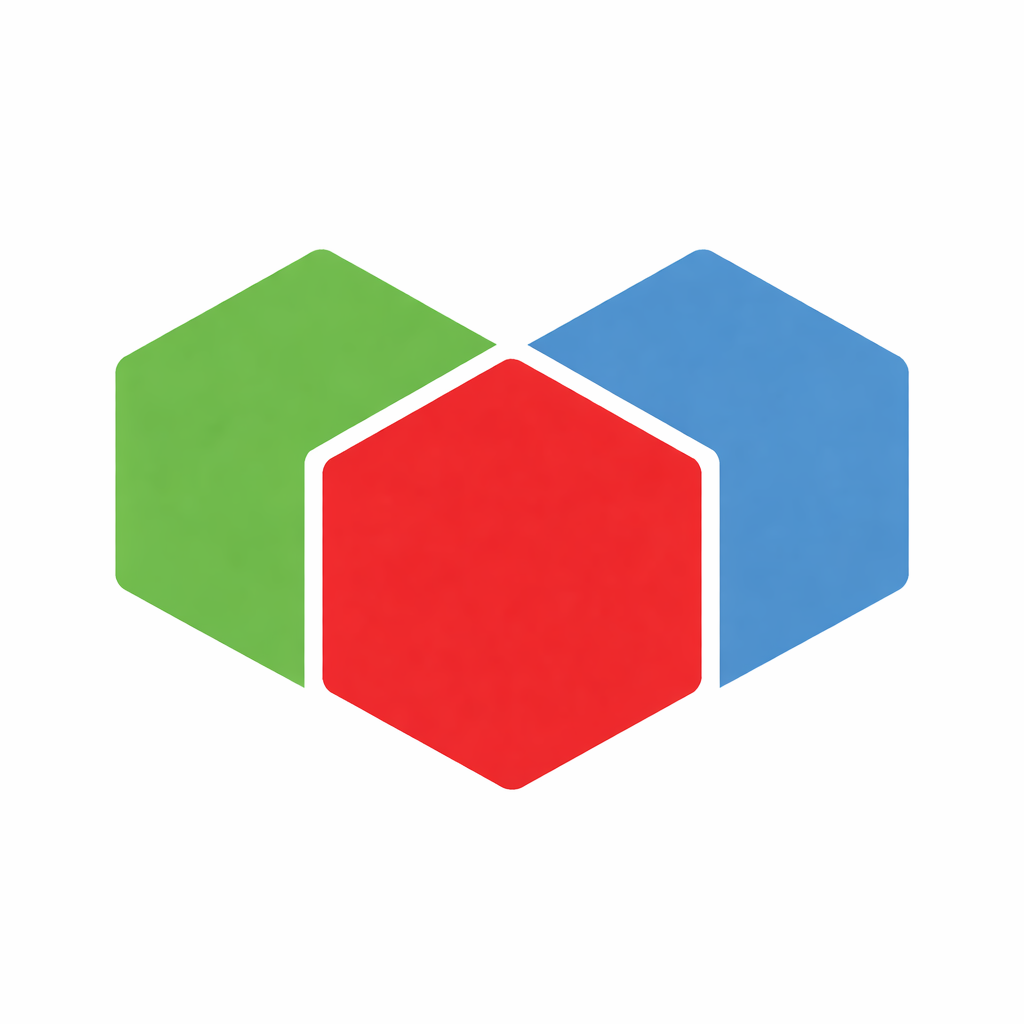 Three interlocking colored hexagons forming a central cluster, representing a core system or shared philosophy foundation.