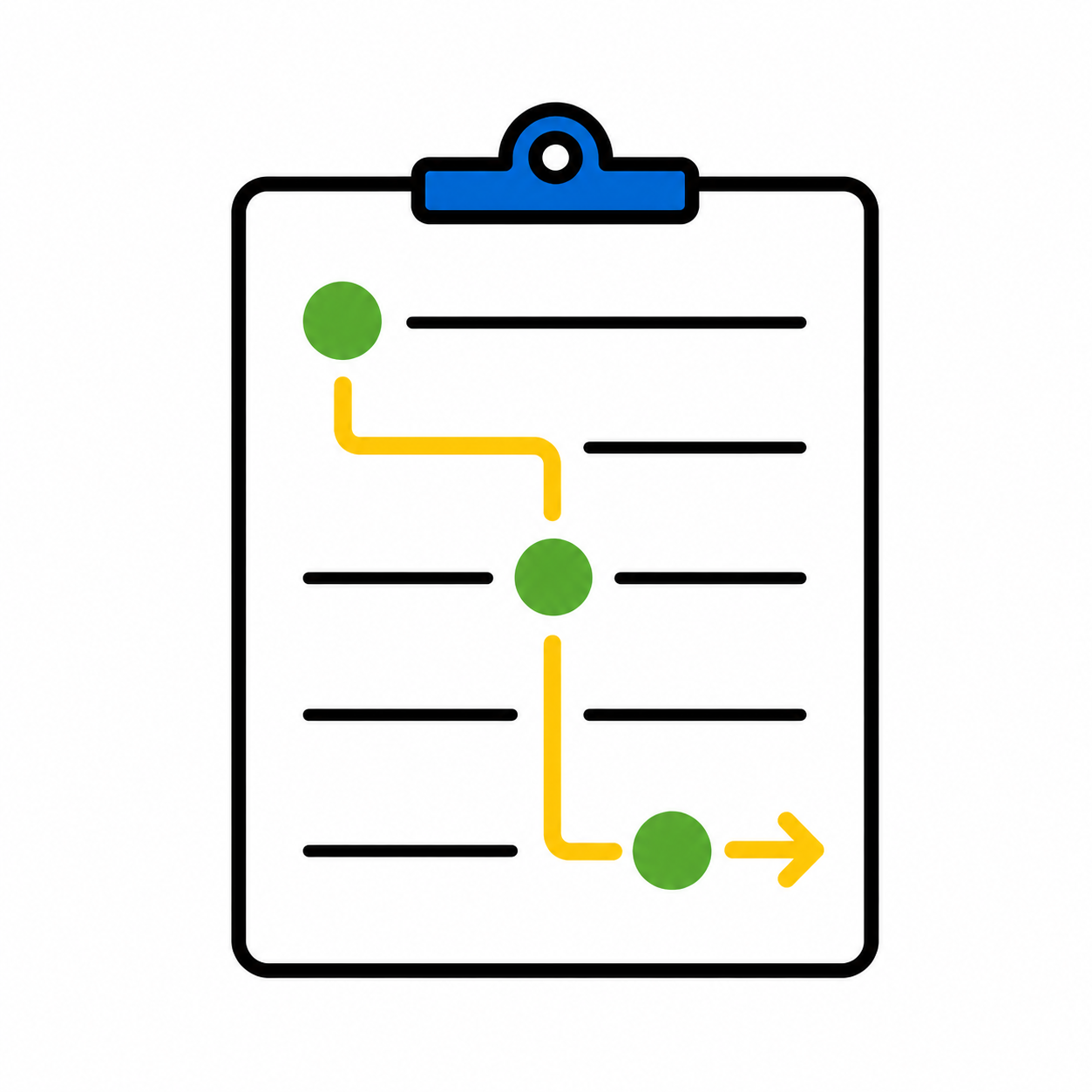 Icon for AI intake and onboarding flows, showing a clipboard flowchart with connected steps and arrows.