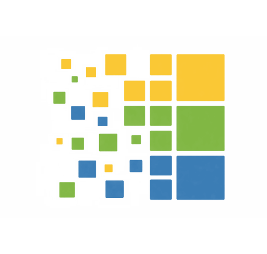 Scattered grid of colored squares in yellow, green, and blue with uneven spacing, illustrating misalignment and imbalance in AI system output and design.